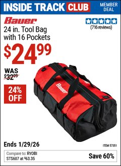 Harbor Freight ITC Coupon BAUER 24 IN. TOOL BAG WITH 16 POCKETS Lot No. 57351 Valid Thru: 1/29/26 - $24.99