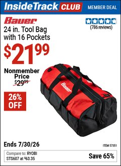Harbor Freight ITC Coupon BAUER 24 IN. TOOL BAG WITH 16 POCKETS Lot No. 57351 Valid Thru: 7/30/26 - $21.99