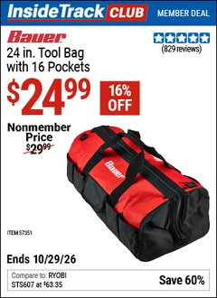 Harbor Freight ITC Coupon BAUER 24 IN. TOOL BAG WITH 16 POCKETS Lot No. 57351 Valid Thru: 10/29/26 - $24.99