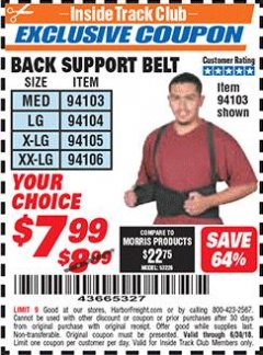 Harbor Freight ITC Coupon BACK SUPPORT BELTS Lot No. 94103/94104/94105/94106 Expired: 6/30/18 - $7.99