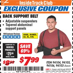 Harbor Freight ITC Coupon BACK SUPPORT BELTS Lot No. 94103/94104/94105/94106 Expired: 9/30/19 - $7.99