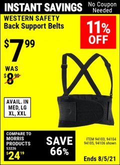 Harbor Freight Coupon BACK SUPPORT BELTS Lot No. 94103/94104/94105/94106 Expired: 8/5/21 - $7.99