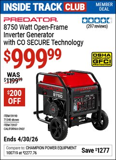 Harbor Freight Coupon PREDATOR 8750 WATT OPEN-FRAME INVERTER GENERATOR WITH CO SECURE TECHNOLOGY Lot No. 71340/59190/72937 Valid: 12/31/69 - 4/30/26 - $999.99