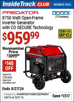 Harbor Freight ITC Coupon PREDATOR 8750 WATT OPEN-FRAME INVERTER GENERATOR WITH CO SECURE TECHNOLOGY Lot No. 71340/59190/72937 Valid Thru: 8/27/26 - $959.99