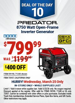 Harbor Freight Coupon PREDATOR 8750 WATT OPEN-FRAME INVERTER GENERATOR WITH CO SECURE TECHNOLOGY Lot No. 71340/59190/72937 Expired: 3/25/26 - $799.99