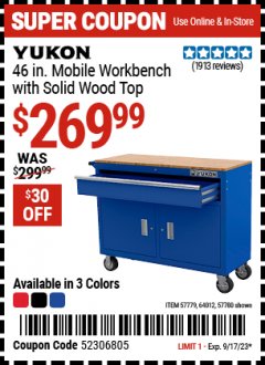 Harbor Freight Coupon YUKON 46 IN. MOBILE WORKBENCH WITH SOLID WOOD TOP Lot No. 64012/57779/57780 Expired: 9/17/23 - $469.99