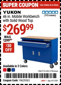 Harbor Freight Coupon YUKON 46 IN. MOBILE WORKBENCH WITH SOLID WOOD TOP Lot No. 64012/57779/57780 Expired: 9/17/23 - $269.99