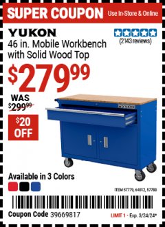 Harbor Freight Coupon YUKON 46 IN. MOBILE WORKBENCH WITH SOLID WOOD TOP Lot No. 64012/57779/57780 Expired: 3/24/24 - $279.99