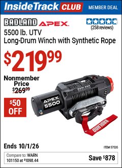 Harbor Freight Coupon BADLAND APEX 5500 LB. UTV LONG-DRUM WINCH WITH SYNTHETIC ROPE Lot No. 57535 Valid: 12/31/69 - 10/1/26 - $219.99
