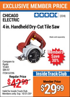 Harbor Freight ITC Coupon 4" DRY-CUT HANDHELD TILE SAW Lot No. 61417/62296/68298 Expired: 10/31/20 - $29.99