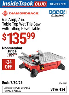 Harbor Freight ITC Coupon DIAMONDBACK 6.5 AMP, 7 IN. TABLE TOP WET TILE SAW WITH TILTING BEVEL TABLE Lot No. 57087 Valid Thru: 7/30/26 - $135.99