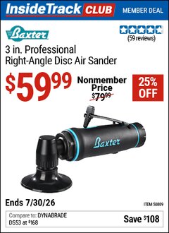 Harbor Freight ITC Coupon BAXTER 3 IN. PROFESSIONAL RIGHT-ANGLE DISC AIR SANDER Lot No. 58809 Valid Thru: 7/30/26 - $59.99