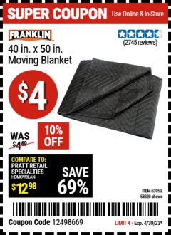 Harbor Freight Coupon FRANKLIN 40 IN X 50 IN MOVING BLANKET Lot No. 63959 Expired: 4/30/23 - $4