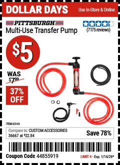 Harbor Freight Coupon PITTSBURGH MULTI-USE TRANSFER PUMP Lot No. 61364/63591/63144 Valid Thru: 1/14/26 - $5