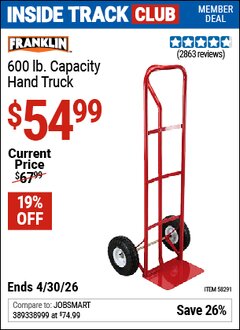 Harbor Freight ITC Coupon FRANKLIN 600 LB. CAPACITY HAND TRUCK Lot No. 58291 Valid Thru: 4/30/26 - $54.99