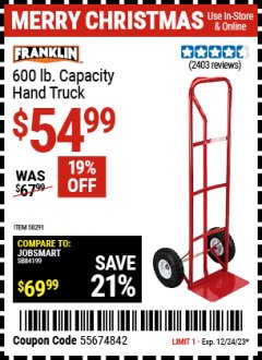 Harbor Freight Coupon FRANKLIN 600 LB. CAPACITY HAND TRUCK Lot No. 62775,96061,62776,58291 Expired: 12/24/23 - $54.99