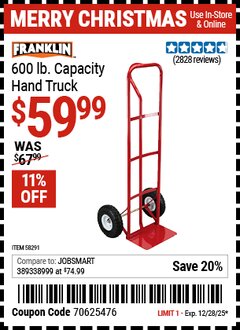 Harbor Freight Coupon FRANKLIN 600 LB. CAPACITY HAND TRUCK Lot No. 58291 Expired: 12/28/25 - $59.99