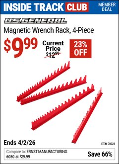 Harbor Freight ITC Coupon U.S. GENERAL MAGNETIC WRENCH RACK, 4-PIECE Lot No. 70023 Valid Thru: 4/2/26 - $9.99