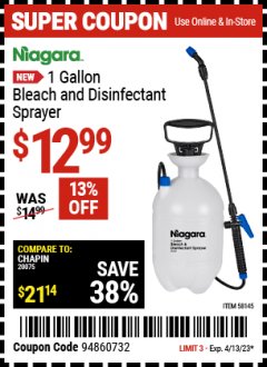 Harbor Freight Coupon NIAGARA 1 GALLON BLEACH AND DISINFECTANT SPRAYER Lot No. 58145 Expired: 4/13/23 - $12.99