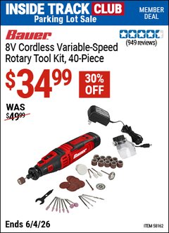 Harbor Freight Coupon BAUER 8V CORDLESS VARIABLE-SPEED ROTARY TOOL KIT, 40-PIECE Lot No. 58162 Valid: 12/31/69 - 6/4/26 - $34.99
