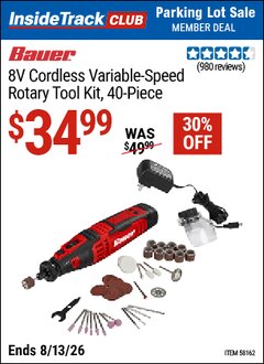 Harbor Freight ITC Coupon BAUER 8V CORDLESS VARIABLE-SPEED ROTARY TOOL KIT, 40-PIECE Lot No. 58162 Valid Thru: 8/13/26 - $34.99