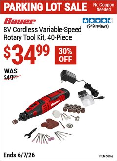 Harbor Freight Coupon BAUER 8V CORDLESS VARIABLE-SPEED ROTARY TOOL KIT, 40-PIECE Lot No. 58162 EXPIRES: 6/7/26 - $34.99