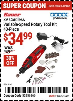 Harbor Freight Coupon BAUER 8V CORDLESS VARIABLE-SPEED ROTARY TOOL KIT, 40-PIECE Lot No. 58162 Expired: 6/14/26 - $34.99