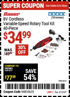 Harbor Freight Coupon BAUER 8V CORDLESS VARIABLE SPEED ROTARY TOOL KIT, 40 PIECE Lot No. 58162 Expired: 4/13/23 - $34.99