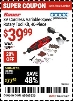 Harbor Freight Coupon BAUER 8V CORDLESS VARIABLE SPEED ROTARY TOOL KIT, 40 PIECE Lot No. 58162 Expired: 2/11/24 - $39.99