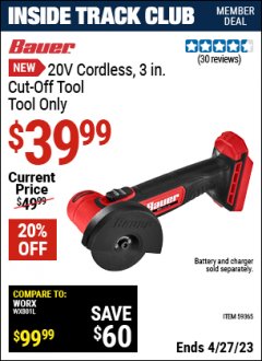 Harbor Freight ITC Coupon 29V CORDLESS, 3 IN. CUT-OFF TOOL TOOL ONLY Lot No. 59365 Expired: 4/27/23 - $39.99