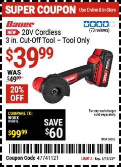 Harbor Freight Coupon 29V CORDLESS, 3 IN. CUT-OFF TOOL TOOL ONLY Lot No. 59365 Expired: 6/18/23 - $39.99
