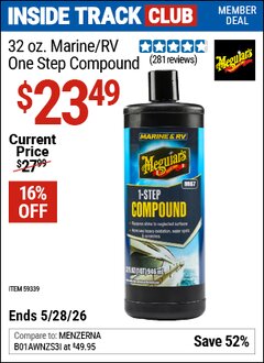 Harbor Freight Coupon MEGUIAR'S 32 OZ. MARINE/RV ONE STEP COMPOUND Lot No. 59339 Valid: 12/31/69 - 5/28/26 - $23.49