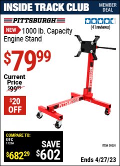 Harbor Freight ITC Coupon PITTSBURGH 1000 LB. CAPACITY ENGINE STAND Lot No. 59201 Expired: 4/27/23 - $79.99