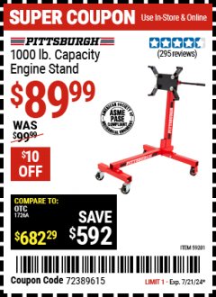 Harbor Freight Coupon PITTSBURGH 1000 LB. CAPACITY ENGINE STAND Lot No. 59201 Expired: 7/21/24 - $89.99