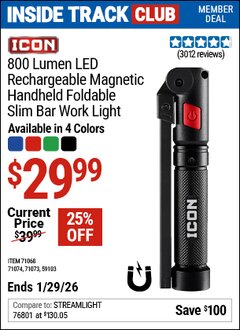 Harbor Freight ITC Coupon ICON 800 LUMEN LED RECHARGEABLE MAGNETIC HANDHELD FOLDABLE SLIM BAR WORK LIGHT, RED Lot No. 71074 Valid Thru: 1/29/26 - $29.99