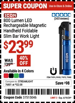 Harbor Freight Coupon ICON 800 LUMEN LED RECHARGEABLE MAGNETIC HANDHELD FOLDABLE SLIM BAR WORK LIGHT Lot No. 59103/71068/71073/71074 Expired: 4/19/26 - $23.99