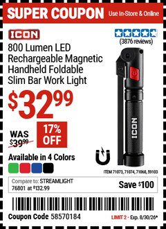 Harbor Freight Coupon ICON 800 LUMEN LED RECHARGEABLE MAGNETIC HANDHELD FOLDABLE SLIM BAR WORK LIGHT Lot No. 59103/71068/71073/71074 Valid Thru: 8/30/26 - $32.99