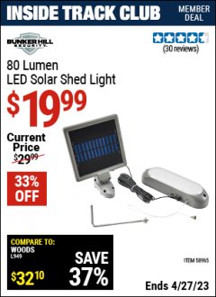 Harbor Freight ITC Coupon 80 LUMEN LED SOLAR SHED LIGHT Lot No. 58965 Expired: 4/27/23 - $19.99