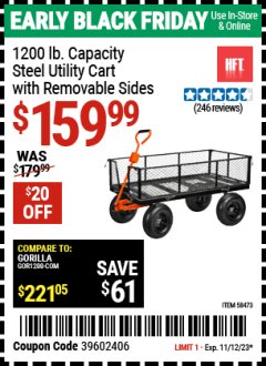 Harbor Freight Coupon 1200 LB. CAPACITY STEEL UTILITY CART WITH REMOVABLE SIDES Lot No. 58473 Expired: 11/12/23 - $159.99