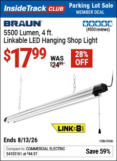 Harbor Freight ITC Coupon BRAUN 5500 LUMEN, 4 FT. LINKABLE LED HANGING SHOP LIGHT Lot No. 59506 Valid Thru: 8/13/26 - $17.99