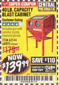 Harbor Freight Coupon 40 LB. CAPACITY FLOOR BLAST CABINET Lot No. 68893/62144/93608 Expired: 11/30/19 - $139.99