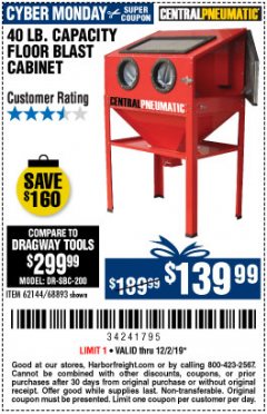Harbor Freight Coupon 40 LB. CAPACITY FLOOR BLAST CABINET Lot No. 68893/62144/93608 Expired: 12/2/19 - $139.99