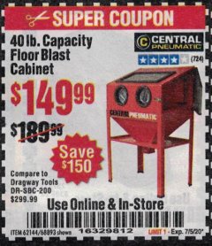 Harbor Freight Coupon 40 LB. CAPACITY FLOOR BLAST CABINET Lot No. 68893/62144/93608 Expired: 7/5/20 - $149.99