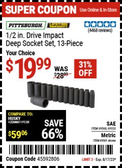 Harbor Freight Coupon 1/2 IN. DRIVE IMPACT DEEP SOCKET SET, 13-PIECE Lot No. 69560/69333/69332/69279/69561 Expired: 8/17/23 - $19.99
