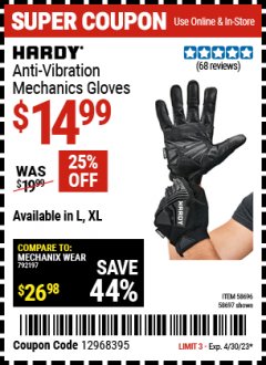 Harbor Freight Coupon HARDY ANTI-VIBRATION MECHANIC'S GLOVES L, XL Lot No. 58696, 58697 Expired: 4/30/23 - $14.99