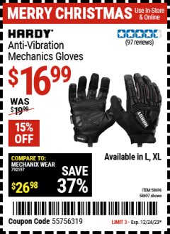 Harbor Freight Coupon HARDY ANTI-VIBRATION MECHANICS GLOVES Lot No. 58696/58697 Expired: 12/24/23 - $16.99