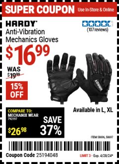Harbor Freight Coupon HARDY ANTI-VIBRATION MECHANICS GLOVES Lot No. 58696/58697 Expired: 4/28/24 - $16.99