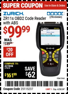 Harbor Freight Coupon ZURICH ZR11S OBDII CODE READER W/ABS Lot No. 57665 Valid Thru: 4/28/24 - $99.99