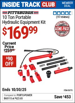Harbor Freight ITC Coupon PITTSBURGH 10 TON PORTABLE HYDRAULIC EQUIPMENT KIT Lot No. 58775 Valid Thru: 10/30/25 - $169.99