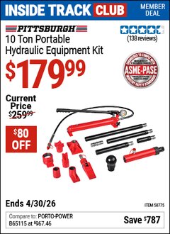 Harbor Freight Coupon PITTSBURGH 10 TON PORTABLE HYDRAULIC EQUIPMENT KIT Lot No. 58775 Valid: 12/31/69 - 4/30/26 - $179.99